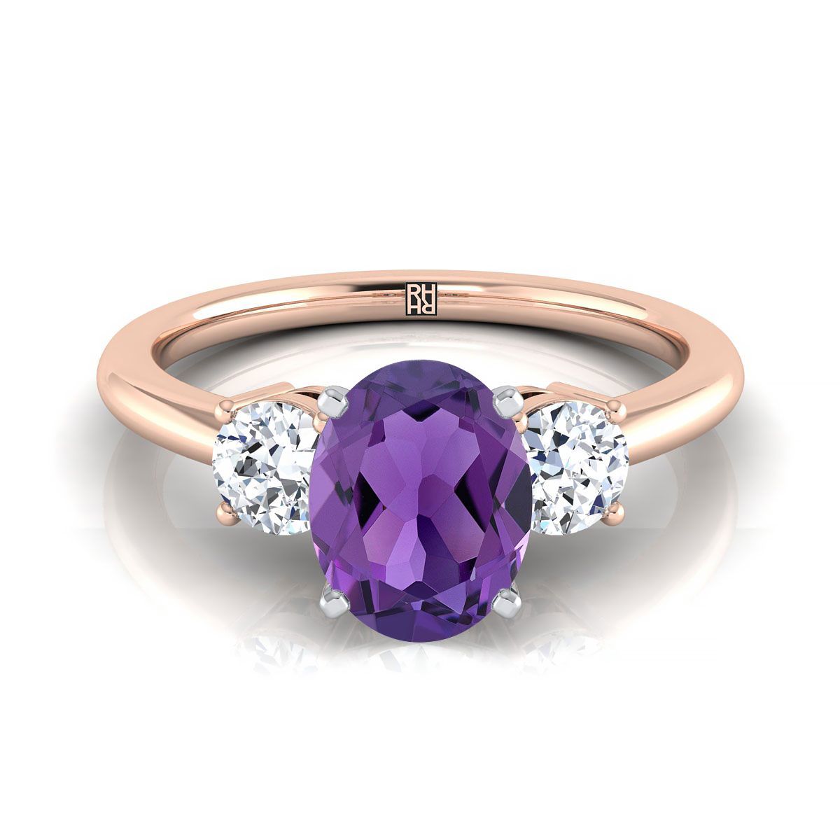 14K Rose Gold Oval Amethyst Perfectly Matched Round Three Stone Diamond Engagement Ring -1/4ctw