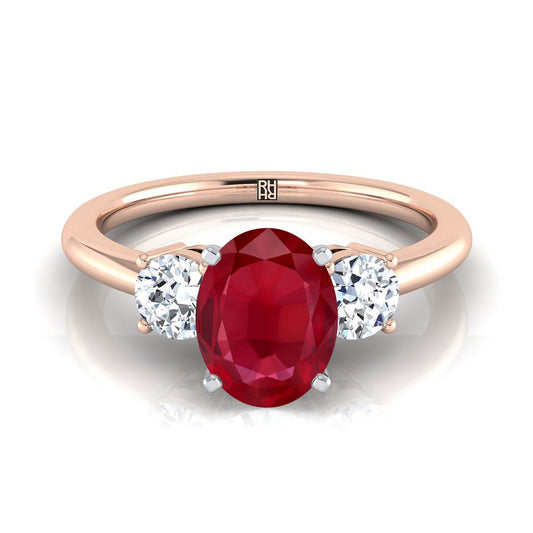 14K Rose Gold Oval Ruby Perfectly Matched Round Three Stone Diamond Engagement Ring -1/4ctw