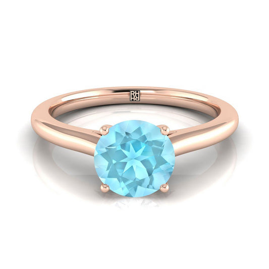 14K Rose Gold Round Brilliant Aquamarine Pinched Comfort Fit Claw Prong Solitaire Engagement Ring