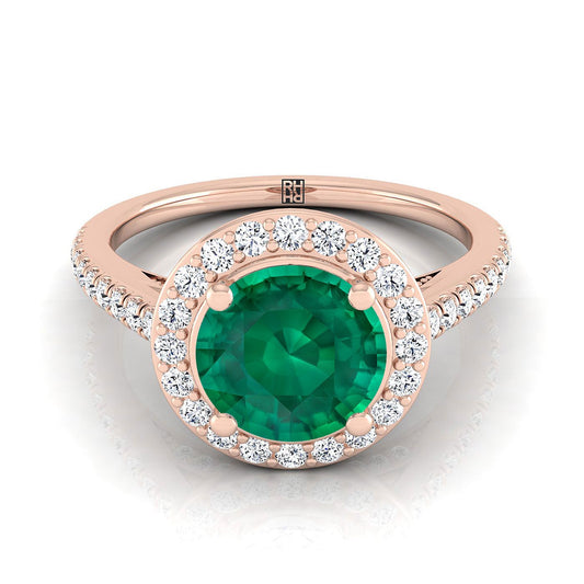 14K Rose Gold Round Brilliant Emerald French Pave Halo Secret Gallery Diamond Engagement Ring -3/8ctw