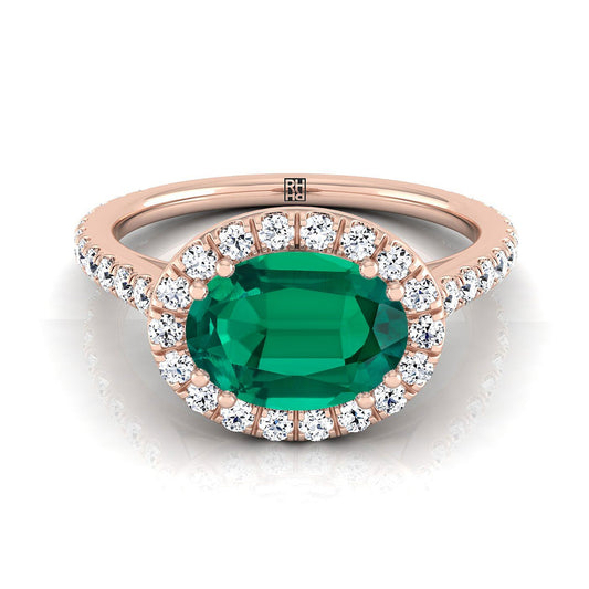 14K Rose Gold Oval Emerald Horizontal Fancy East West Diamond Halo Engagement Ring -1/2ctw
