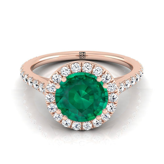 14K Rose Gold Round Brilliant Emerald Horizontal Fancy East West Diamond Halo Engagement Ring -1/2ctw