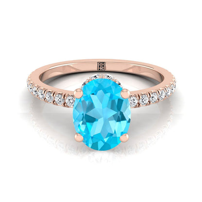 14K Rose Gold Oval Swiss Blue Topaz Secret Diamond Halo French Pave Solitaire Engagement Ring -1/3ctw