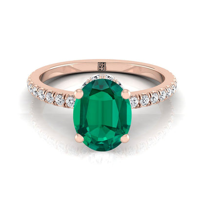 14K Rose Gold Oval Emerald Secret Diamond Halo French Pave Solitaire Engagement Ring -1/3ctw
