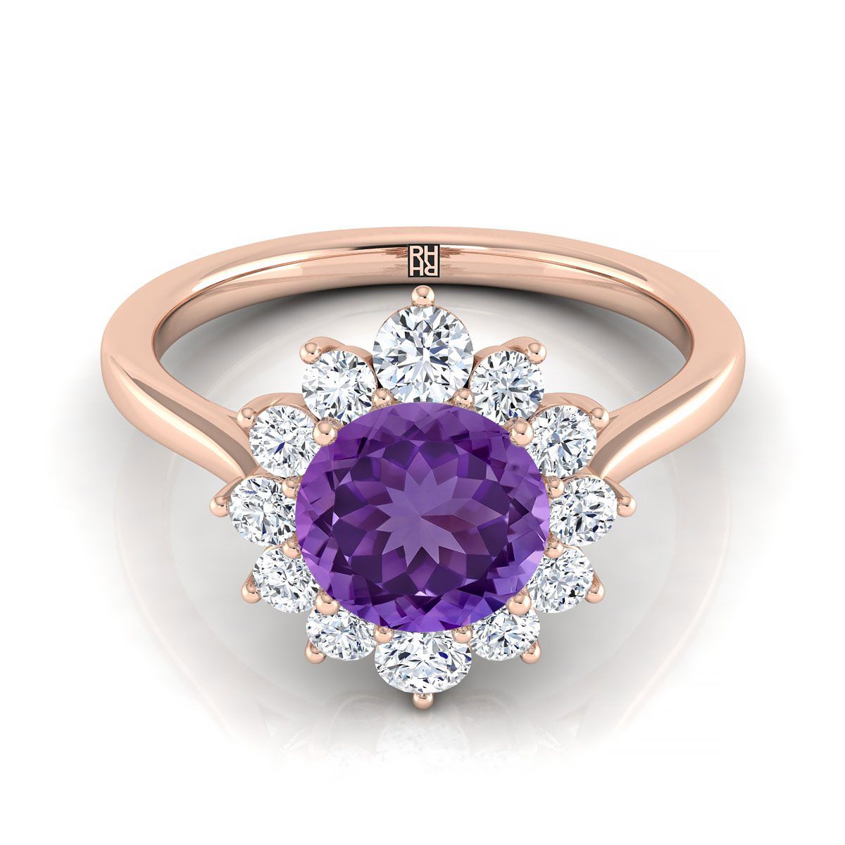 14K Rose Gold Round Brilliant Amethyst Floral Diamond Halo Engagement Ring -1/2ctw