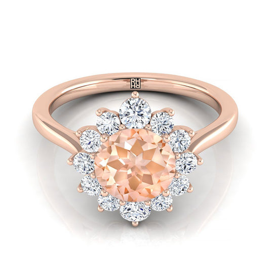 14K Rose Gold Round Brilliant Morganite Floral Diamond Halo Engagement Ring -1/2ctw