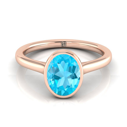 14K Rose Gold Oval Swiss Blue Topaz Simple Bezel Solitaire Engagement Ring