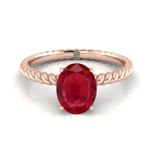 14K Rose Gold Oval Ruby Twisted Rope Solitaire With Surprize Diamond Engagement Ring