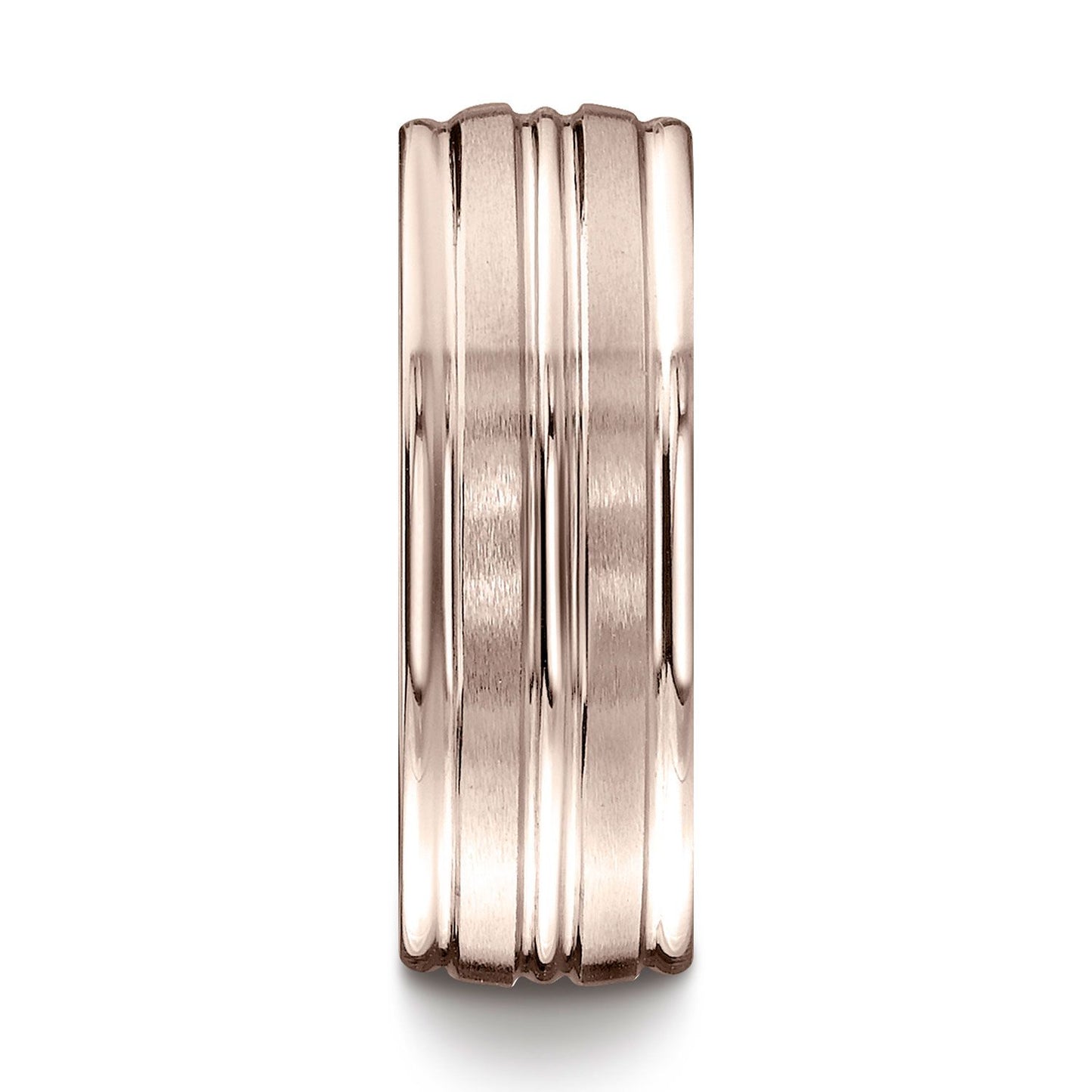 14k Rose Gold 8mm Comfort-fit Satin-finished High Polished Center Trim And Round Edge Carved Design Band