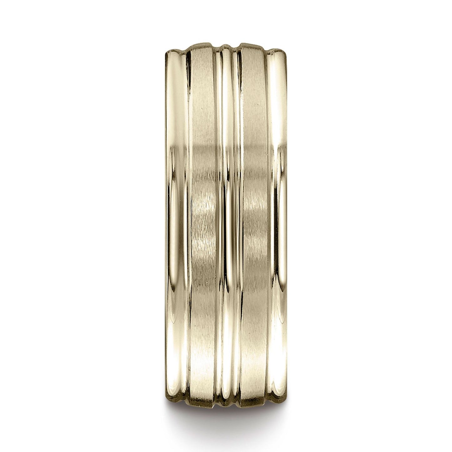 18k Yellow Gold 8mm Comfort-fit Satin-finished High Polished Center Trim And Round Edge Carved Design Band
