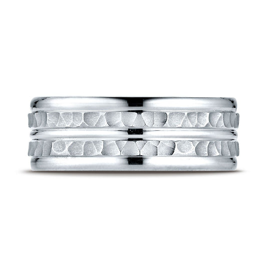 Platinum 8mm Comfort-fit Hammer-finished High Polished Center Trim And Round Edge Carved Design Band