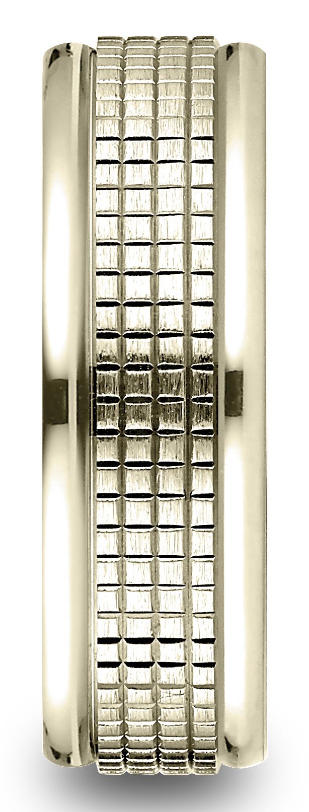 18 Karat Yellow Gold 7mm Comfort-fit High Polish Round Edge Cross Hatch Center Design Band