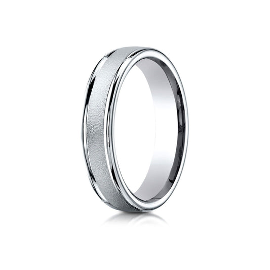 4mm Comfort-fit Wired-finished High Polished Round Edge Carved Design Wedding Band in 18K White Gold