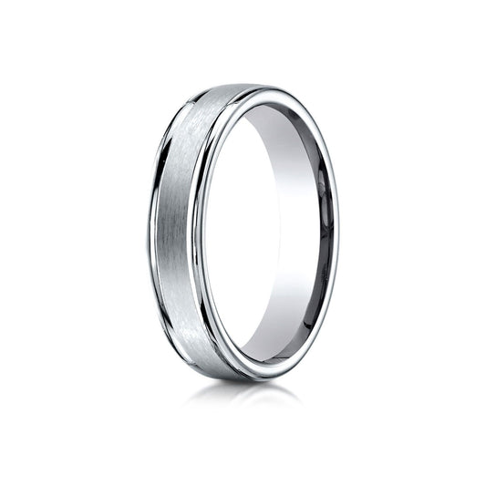 4mm Comfort-fit Satin-finished High Polished Round Edge Carved Design Wedding Band in 18K White Gold