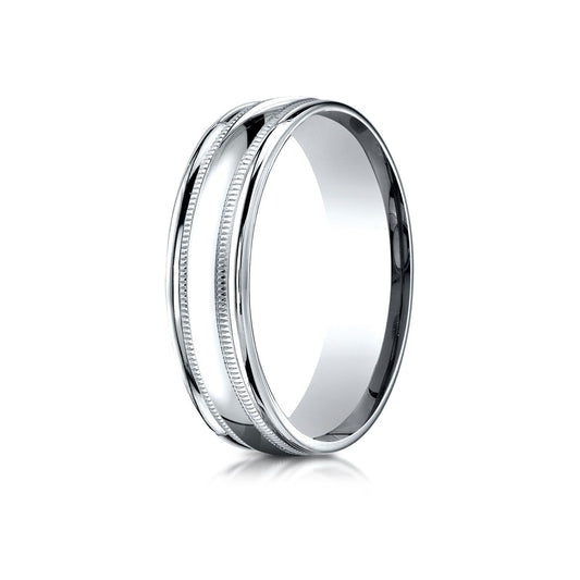 6mm Comfort-fit High Polished With Milgrain Round Edge Carved Design Wedding Band in 18K White Gold