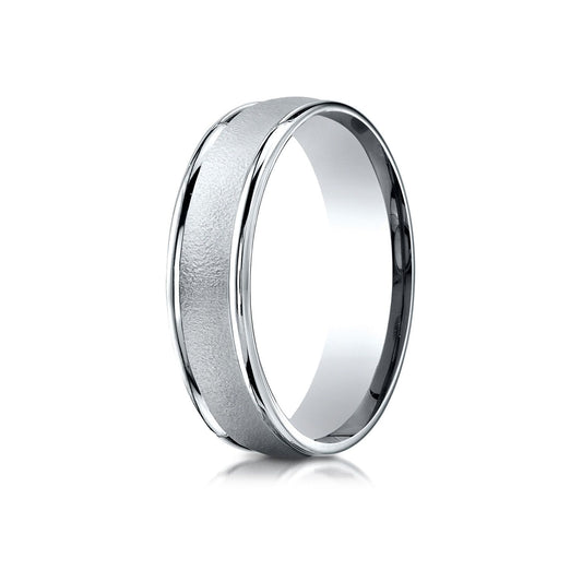 6mm Comfort-fit Wired-finished High Polished Round Edge Carved Design Wedding Band in 18K White Gold
