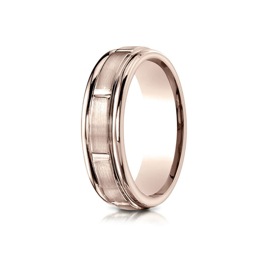 14k Rose Gold 6mm Comfort-fit Satin-finished 8 High Polished Center Cuts And Round Edge Carved Design Band
