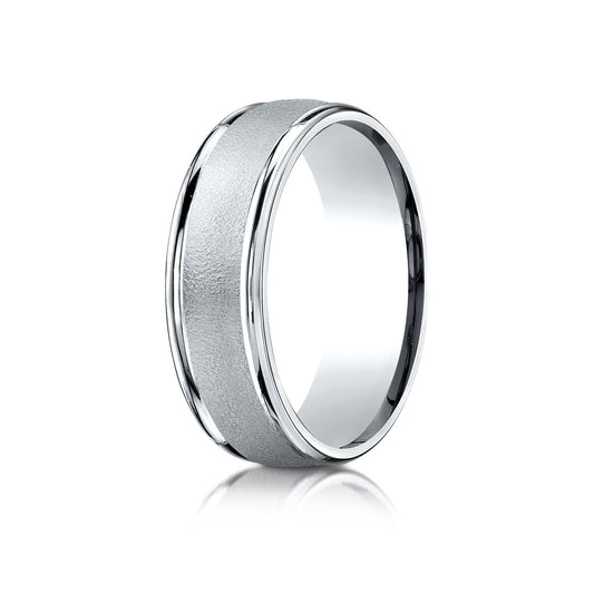 7mm Comfort-fit Wired-finished High Polished Round Edge Carved Design Wedding Band in 18K White Gold