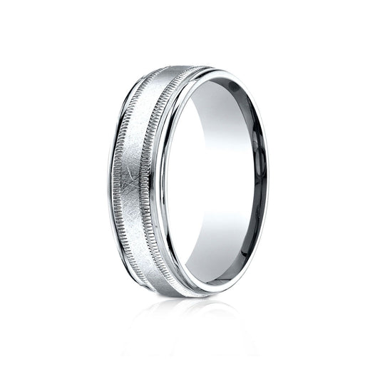 7mm Comfort-fit Swirl Finish Center Milgrain Round Edge Carved Design Wedding Band in 14K White Gold
