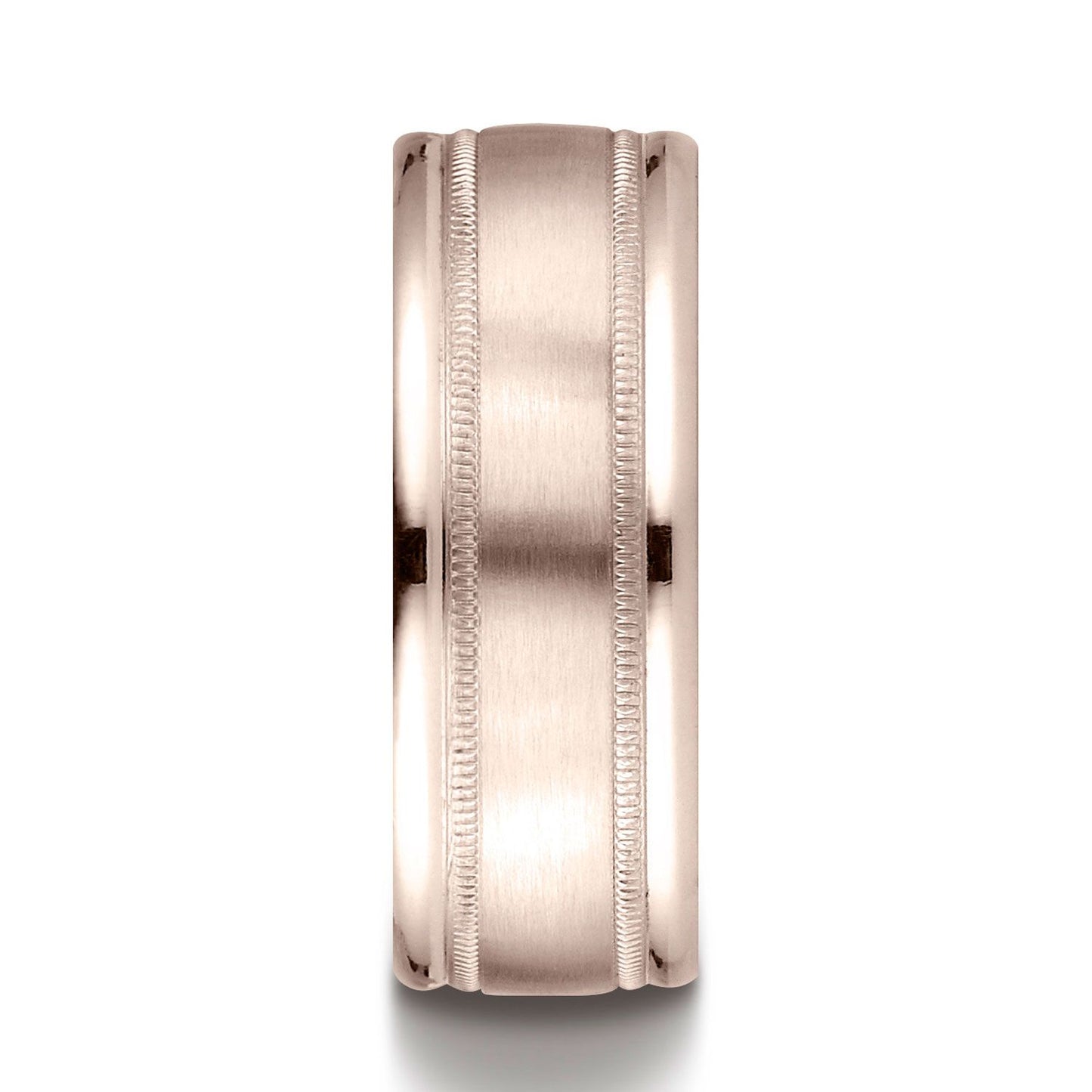 14k Rose Gold 8mm Comfort-fit Satin Finish Center With Milgrain Round Edge Carved Design Band