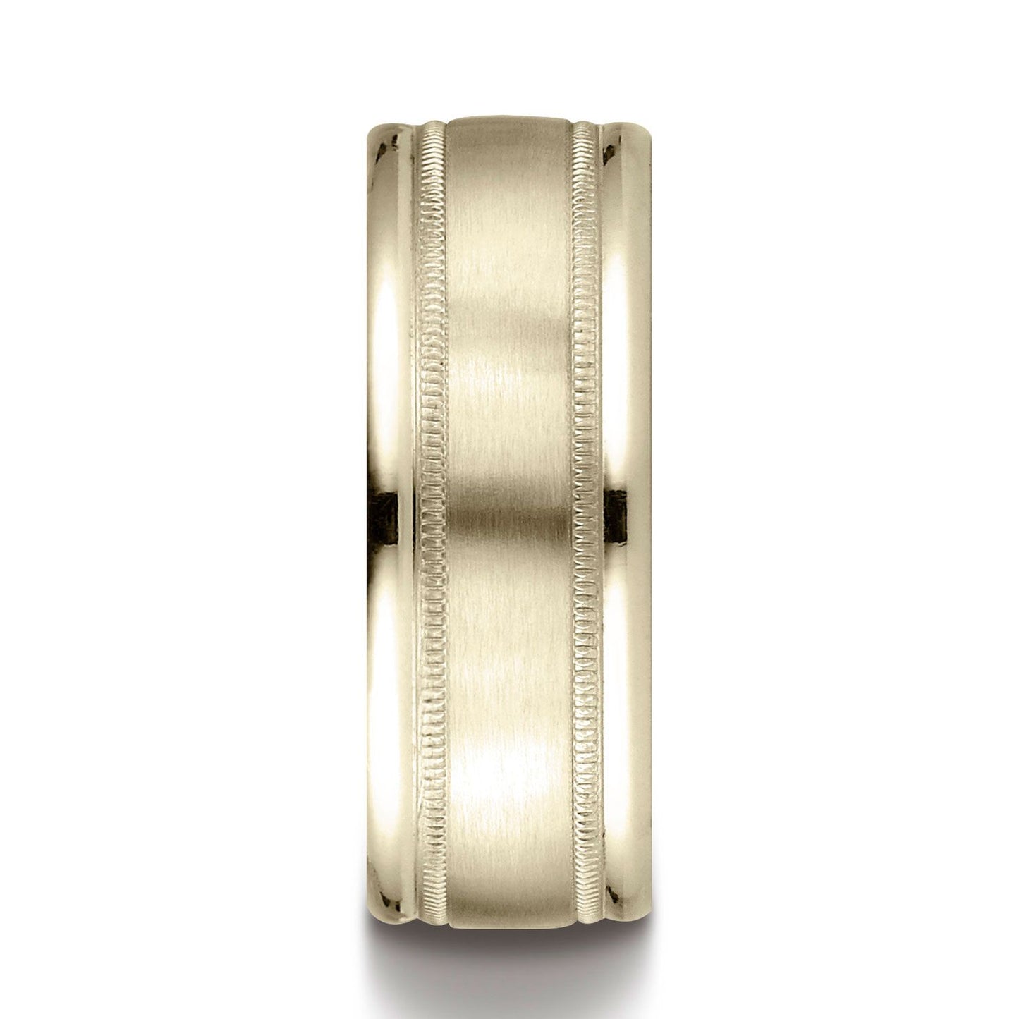 18k Yellow Gold 8mm Comfort-fit Satin Finish Center With Milgrain Round Edge Carved Design Band