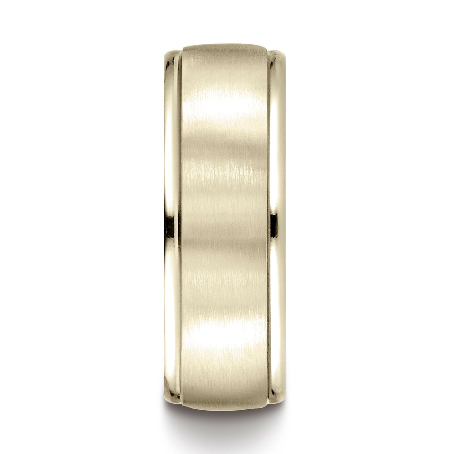 18k Yellow Gold 8mm Comfort-fit Satin Finish High Polished Round Edge Carved Design Band