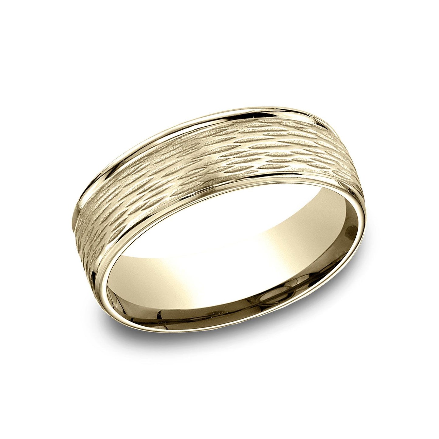 18 Karat Yellow Gold 7.5mm Comfort-fit Round Edge Birch Bark Center