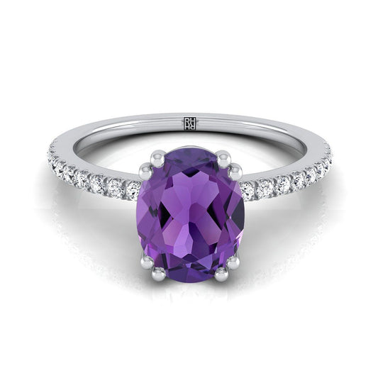 Platinum Oval Amethyst Simple French Pave Double Claw Prong Diamond Engagement Ring -1/6ctw