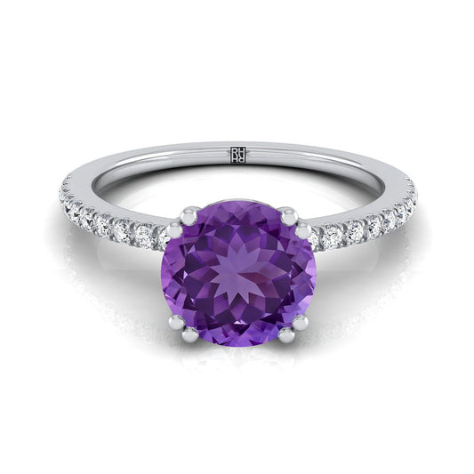 Platinum Round Brilliant Amethyst Simple French Pave Double Claw Prong Diamond Engagement Ring -1/6ctw