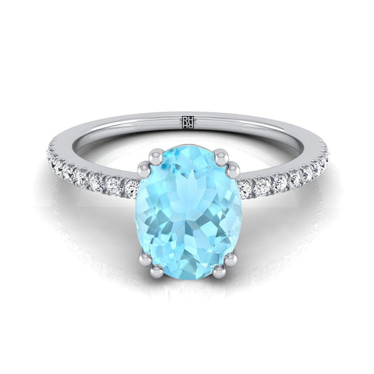 18K White Gold Oval Aquamarine Simple French Pave Double Claw Prong Diamond Engagement Ring -1/6ctw