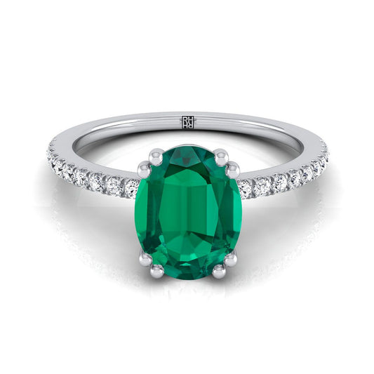 Platinum Oval Emerald Simple French Pave Double Claw Prong Diamond Engagement Ring -1/6ctw