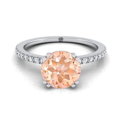 Platinum Round Brilliant Morganite Simple French Pave Double Claw Prong Diamond Engagement Ring -1/6ctw