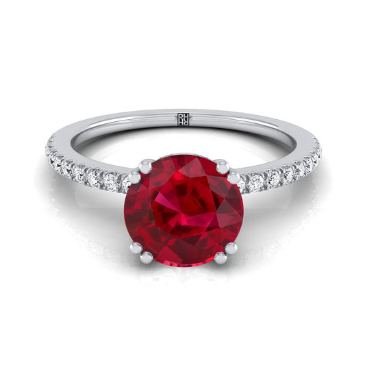 18K White Gold Round Brilliant Ruby Simple French Pave Double Claw Prong Diamond Engagement Ring -1/6ctw