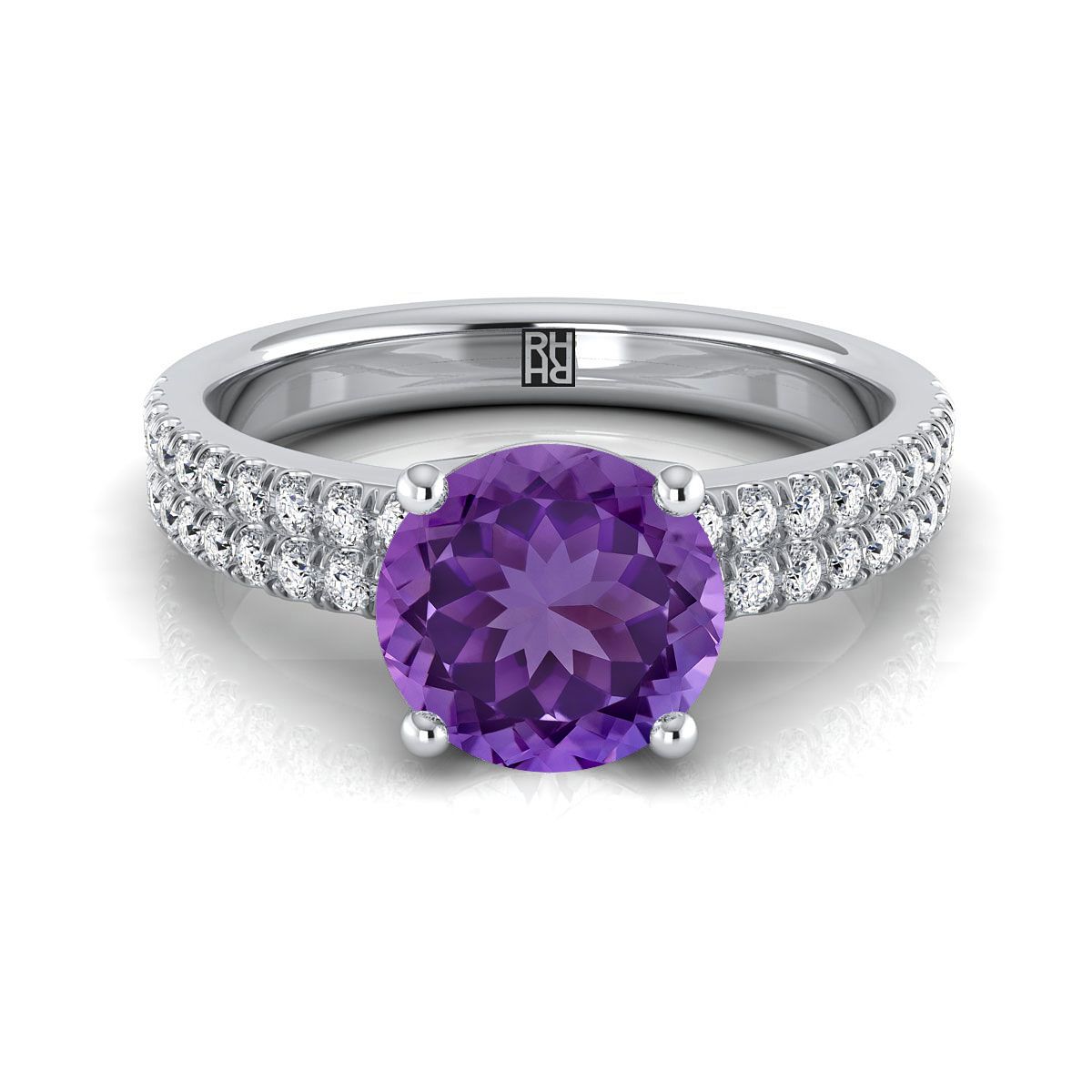 14K White Gold Round Brilliant Amethyst Double Pave Diamond Row Engagement Ring -1/4ctw