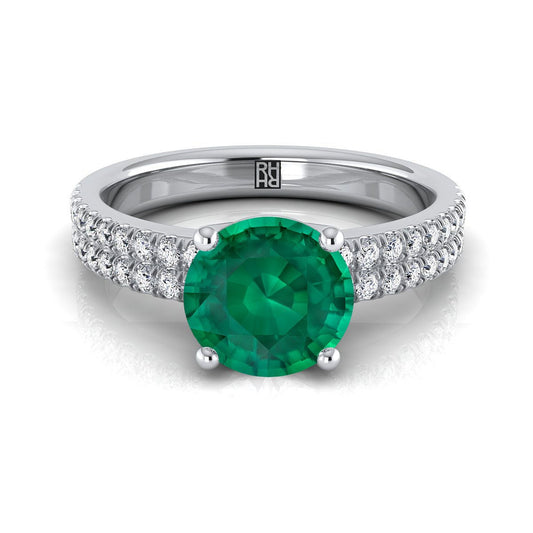 14K White Gold Round Brilliant Emerald Double Pave Diamond Row Engagement Ring -1/4ctw