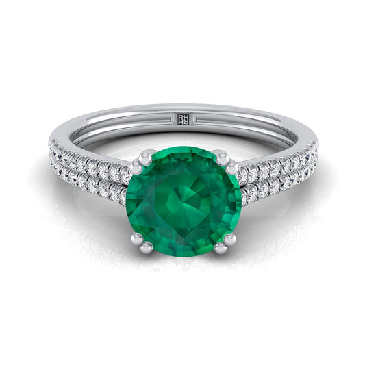 14K White Gold Round Brilliant Emerald Double Row Double Prong French Pave Diamond Engagement Ring -1/6ctw