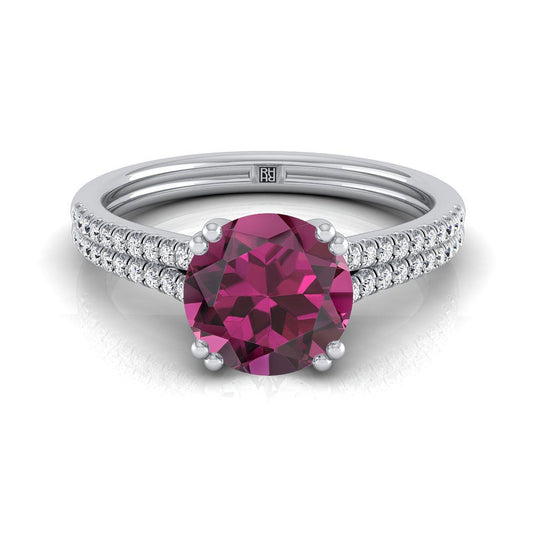 14K White Gold Round Brilliant Garnet Double Row Double Prong French Pave Diamond Engagement Ring -1/6ctw