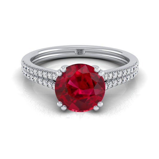 18K White Gold Round Brilliant Ruby Double Row Double Prong French Pave Diamond Engagement Ring -1/6ctw