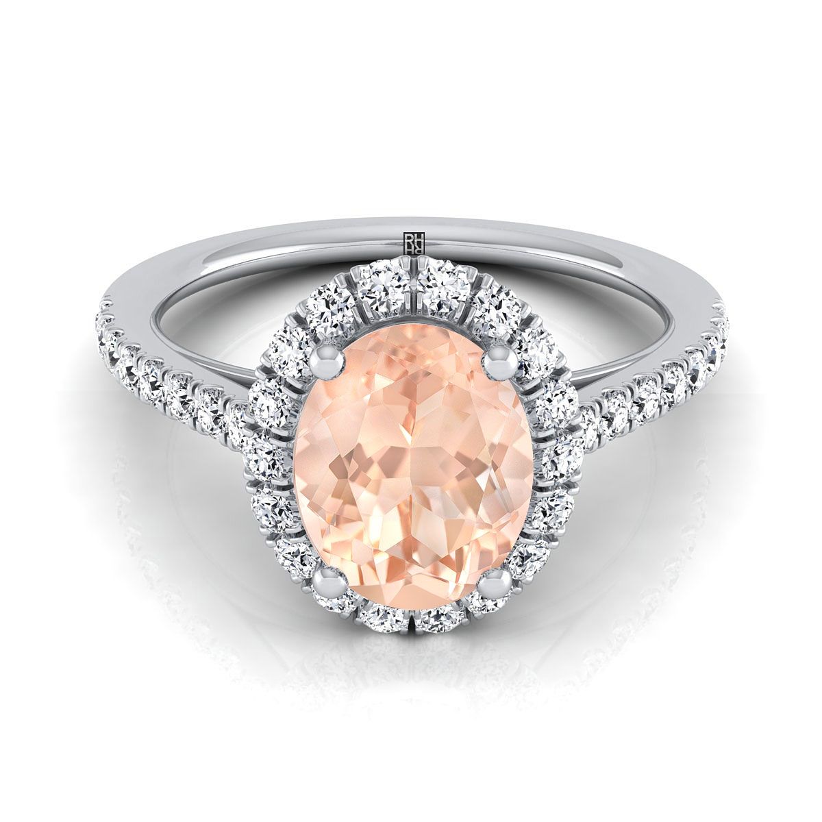 Platinum Oval Morganite Petite Halo French Diamond Pave Engagement Ring -3/8ctw