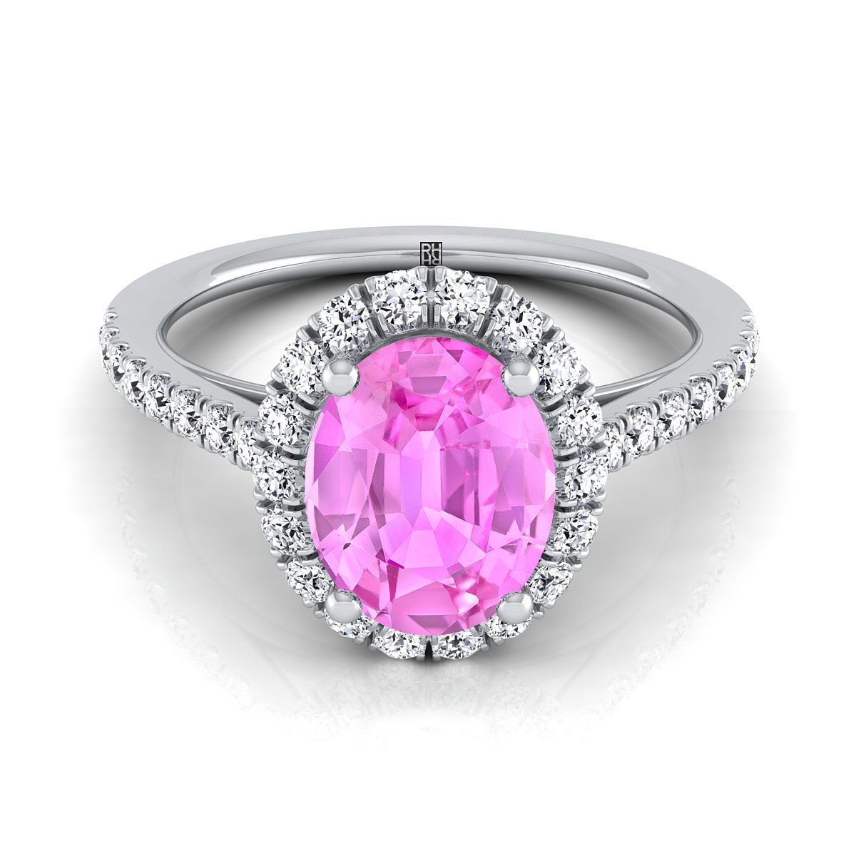 14K White Gold Oval Pink Sapphire Petite Halo French Diamond Pave Engagement Ring -3/8ctw
