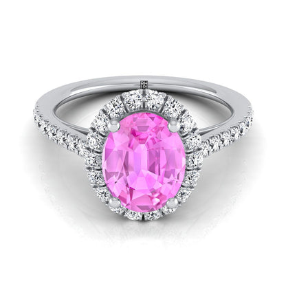 18K White Gold Oval Pink Sapphire Petite Halo French Diamond Pave Engagement Ring -3/8ctw