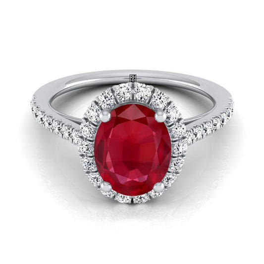 18K White Gold Oval Ruby Petite Halo French Diamond Pave Engagement Ring -3/8ctw