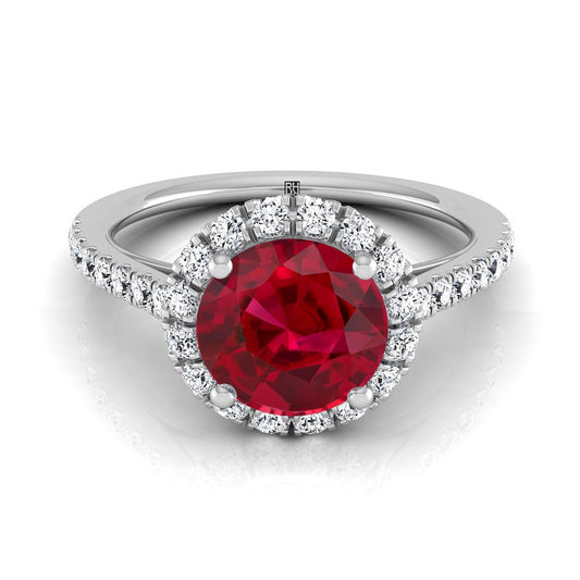 14K White Gold Round Brilliant Ruby Petite Halo French Diamond Pave Engagement Ring -3/8ctw