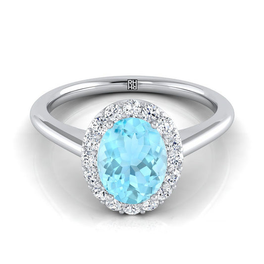 14K White Gold Oval Aquamarine Shared Prong Diamond Halo Engagement Ring -1/5ctw