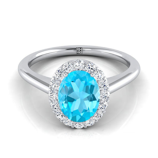 18K White Gold Oval Swiss Blue Topaz Shared Prong Diamond Halo Engagement Ring -1/5ctw