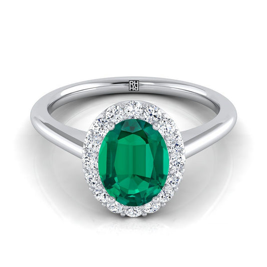 14K White Gold Oval Emerald Shared Prong Diamond Halo Engagement Ring -1/5ctw