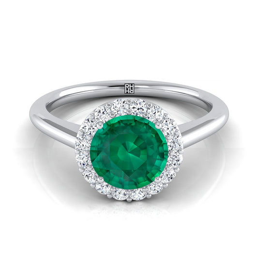 18K White Gold Round Brilliant Emerald Shared Prong Diamond Halo Engagement Ring -1/5ctw