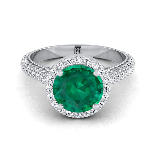 14K White Gold Round Brilliant Emerald Micro-Pavé Halo With Pave Side Diamond Engagement Ring -7/8ctw