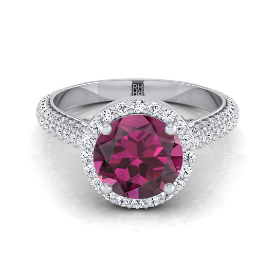 18K White Gold Round Brilliant Garnet Micro-Pavé Halo With Pave Side Diamond Engagement Ring -7/8ctw