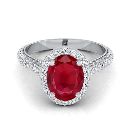 18K White Gold Oval Ruby Micro-Pavé Halo With Pave Side Diamond Engagement Ring -7/8ctw